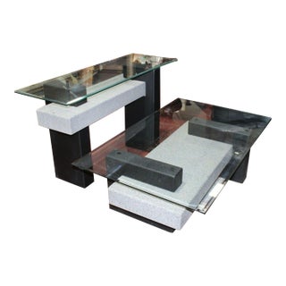 1990s Post-Modern Coffee and Console Table Set / Composite and Glass For Sale