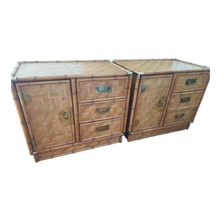 Vintage Woven Herringbone Rattan, Wicker & Brass Faux Bamboo Nightstands - Set of 2 For Sale