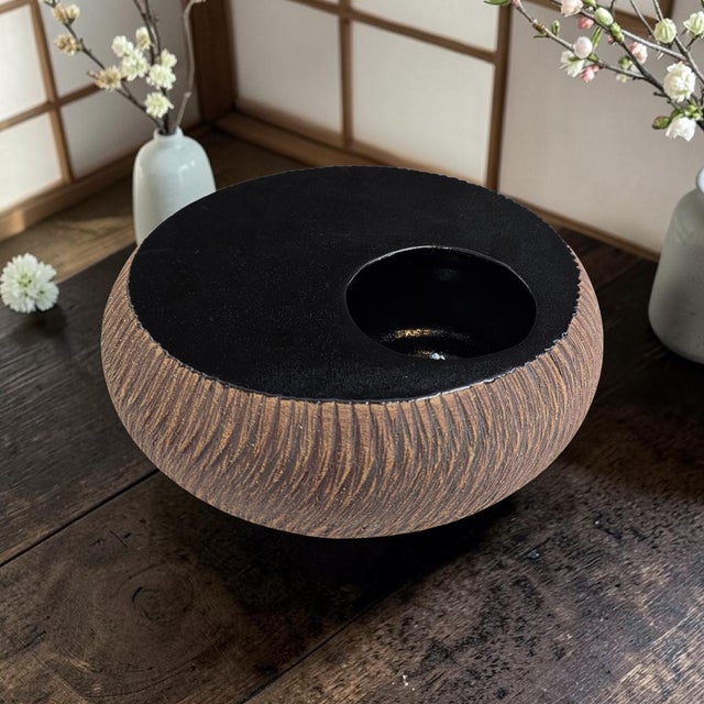 Mid-Century Modern Japanese Carved Studio Pottery Ikebana Bowl, Signed Nagakawa Tōgei 9" For Sale - Image 3 of 12