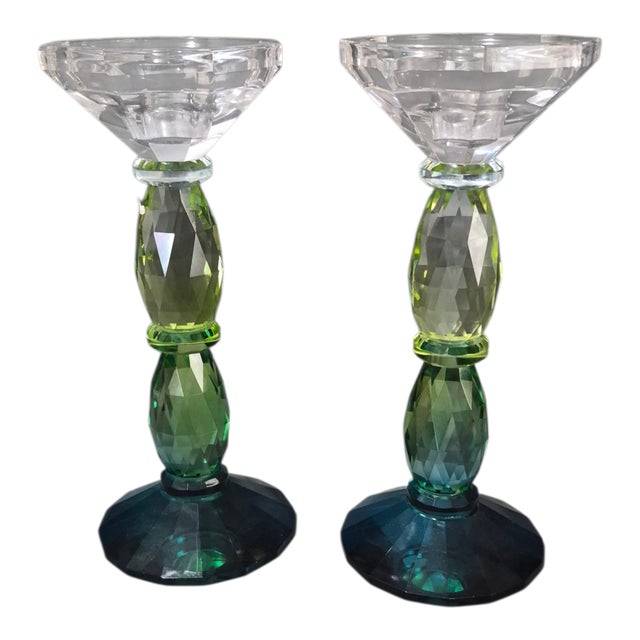 Green Elegant Pair Bohemian Crystal Green 3-Tone Candlesticks For Sale - Image 8 of 8
