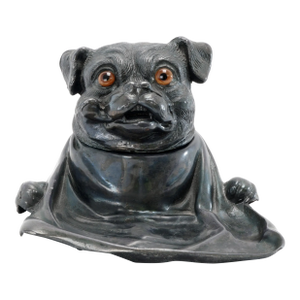 Antique Inkwell Jennings Brothers Pug Dog Pen Rest