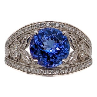 3.19ct Tanzanite & Diamond Ring in 14k White Gold – Round 9mm – Statement Ring, Size 6.75 For Sale