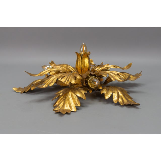 Gilt Metal Leafed Sunburst-Shaped Four-Light Flush Mount, 1970s For Sale - Image 13 of 18
