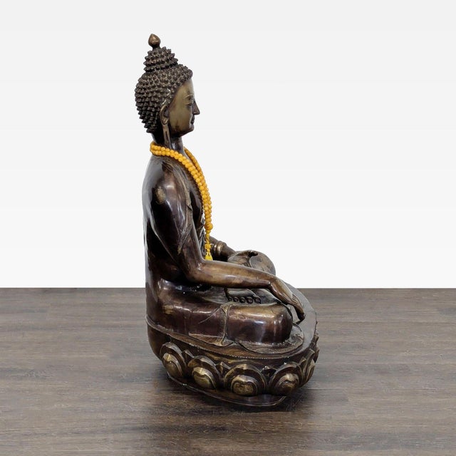 Vintage Bronze Sitting Buddha Sculpture With Yellow Bead Necklace For Sale - Image 4 of 8