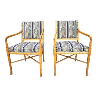 Maple Faux Bamboo Tapestry Upholstered Arm Chairs, a Pair For Sale