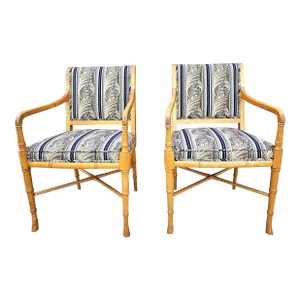 Maple Faux Bamboo Tapestry Upholstered Arm Chairs, a Pair