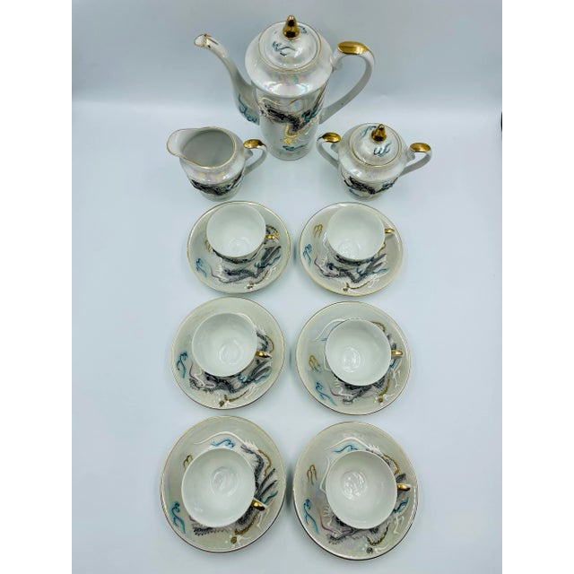 Vintage White Dragon Ware Lusterware Moriage Geisha Lithophane Tea Set- 15 Pieces For Sale - Image 10 of 13