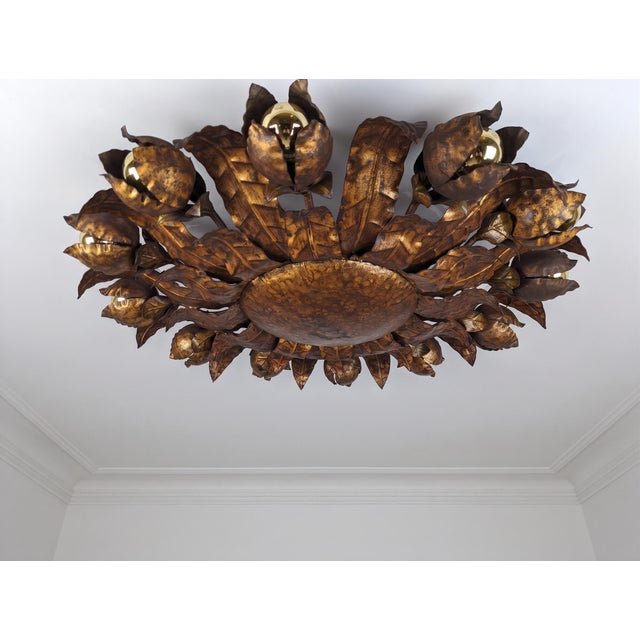 Large Mid-Century Gilt Metal Sunburst Ceiling Lamp with Floral Motif, 1950s For Sale - Image 14 of 14
