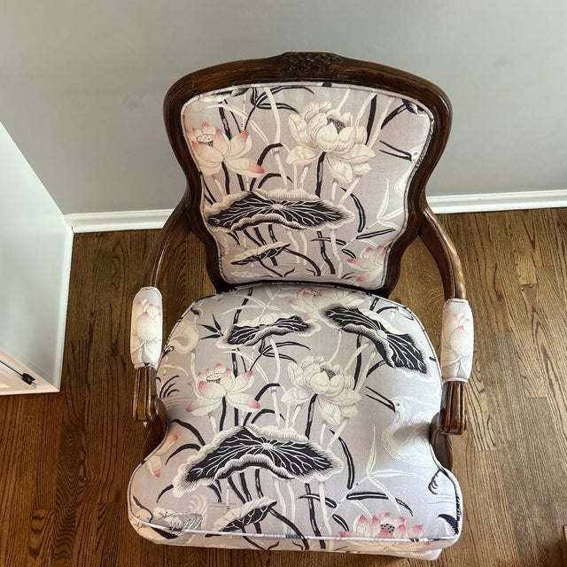 Vintage Bergere Chair, recently upholstered in Schumacher fabric. Fabric is Lotus Garden in Lilac.