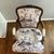 Vintage Bergere Chair, recently upholstered in Schumacher fabric. Fabric is Lotus Garden in Lilac.