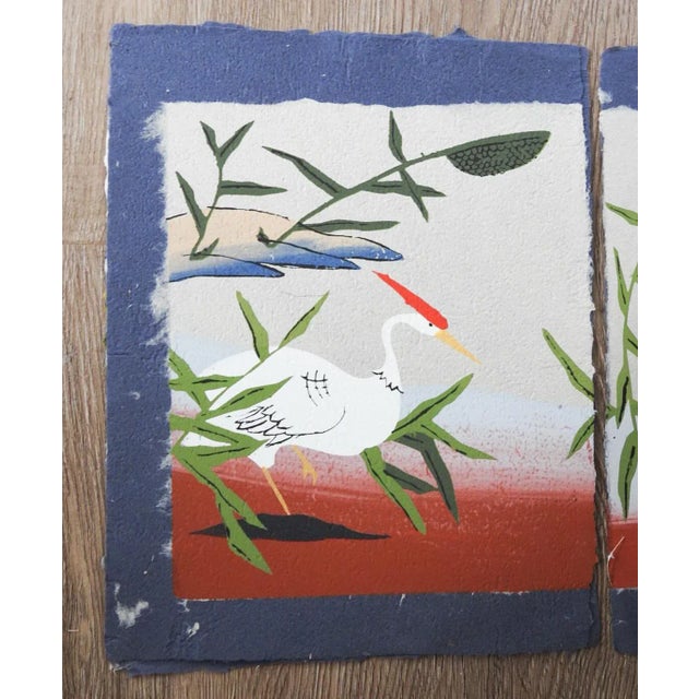 Late 20th century serigraph on handmade paper modernist quadriptych of red headed herons. Unsigned. Unframed, very good...