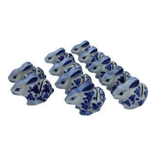 Vintage Delft Blue and White Bunny Rabbit Ceramic Place Card Holders-Set of 11 For Sale