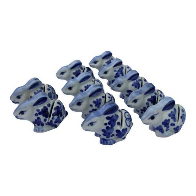 Vintage Delft Blue and White Bunny Rabbit Ceramic Place Card Holders-Set of 11 For Sale