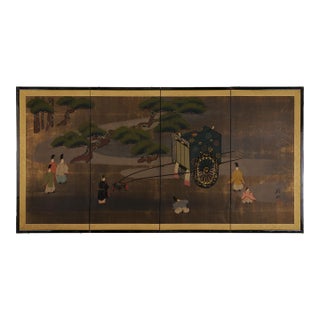 Japanese Painted Screen, Landscape W/ Rikshaw & Figures For Sale