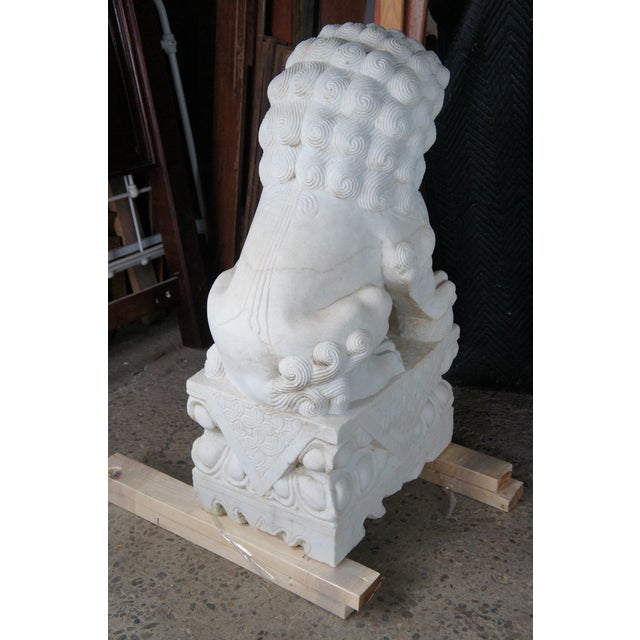 Mid 20th Century Pair of Chinese Marble Foo Dog Guardian Fu Lion Temple Garden Statues 41" For Sale - Image 15 of 18