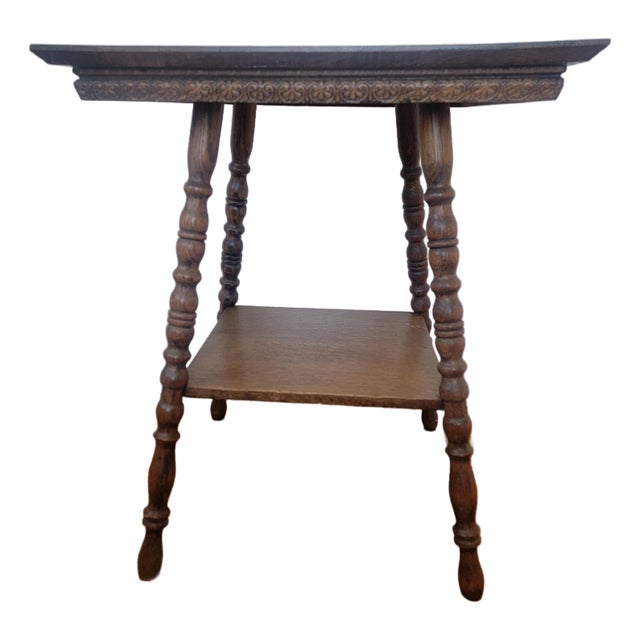 Early 20th-Century Oak Square Parlor Table With Lower Shelf For Sale