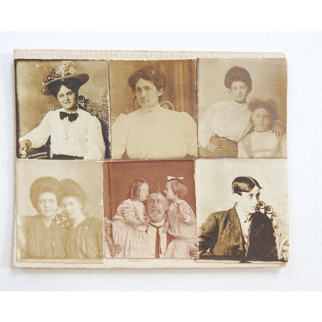 Late 19th century collage group of tiny sepia toned portrait photographs. Trimmed and glued to thin cardboard, each photo...