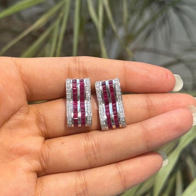 Gemstone Contemporary Geometric Ruby & Diamond Hoop Earrings in 925 Sterling Silver, A Pair For Sale - Image 7 of 14