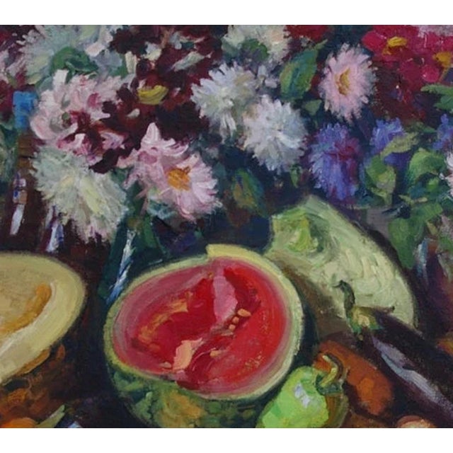 1980s Original Still Life Oil Painting: Flowers and Food, Art 78-88 For Sale - Image 6 of 6