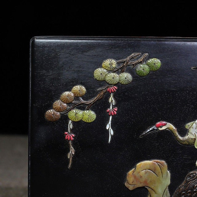 Chinese Vintage Chinese Rosewood Box | Mother-of-Pearl & Gemstone Inlaid Crane & Pine Motif For Sale - Image 3 of 9
