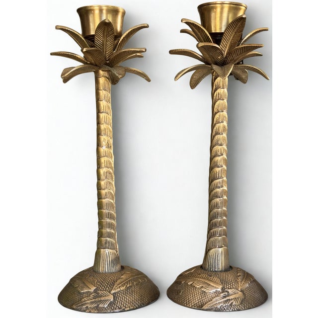 Made in India British Colonial Solid Brass Palm Tree Candle Holders - A Pair For Sale - Image 9 of 9