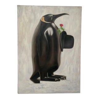 Original Francois Lucet Painting "Rendez Vous D'amour" Penguin Rose Oil Canvas 29x40 Usa 2019 For Sale