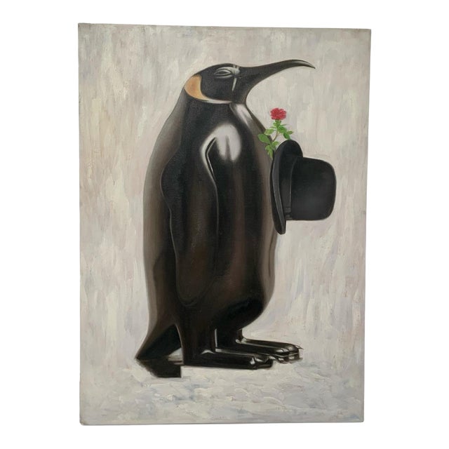 Original Francois Lucet Painting "Rendez Vous D'amour" Penguin Rose Oil Canvas 29x40 Usa 2019 For Sale