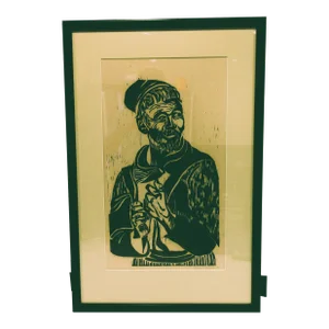 Signed and Framed Karen McCann 1963 Woodcut Print of Bearded Man