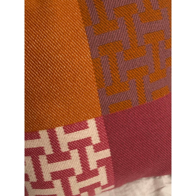 Hermes Hibiscus/Mandarine Avalon Terre d'H Pillow Hermes Hand Woven Blanket (100' Cashmere) Measures 15.7" X 15.7" New Never Used No Box For Sale - Image 6 of 8