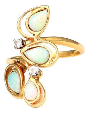 1990s 14KY White Opal And Diamond Spray Ring, Size 6.5