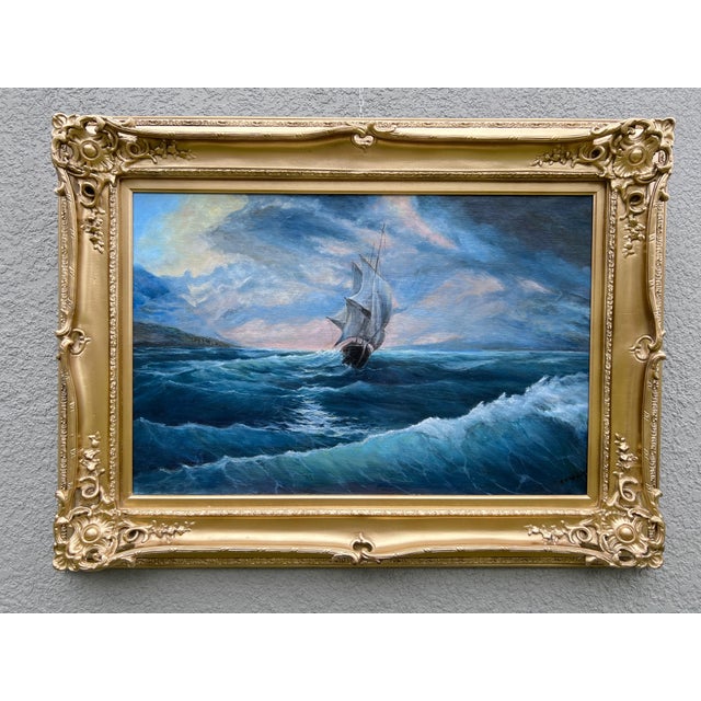 Original Oil Painting by Viktor Ilyushkin (b. 1946) Sailing Ship in Stormy Sea – Dramatic Seascape Scene Up for sale is a...