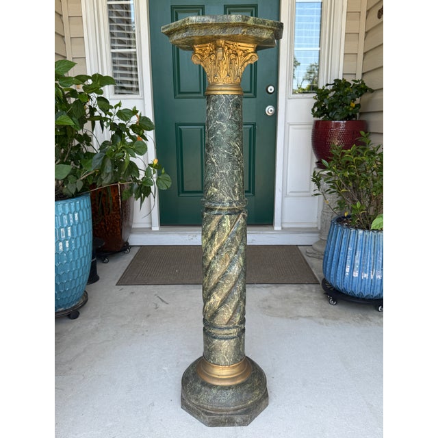 Traditional Fine Antique 1800s Verde Antico Marble Column Pedestal Ft. Gilded Corinthian Capital For Sale - Image 3 of 15