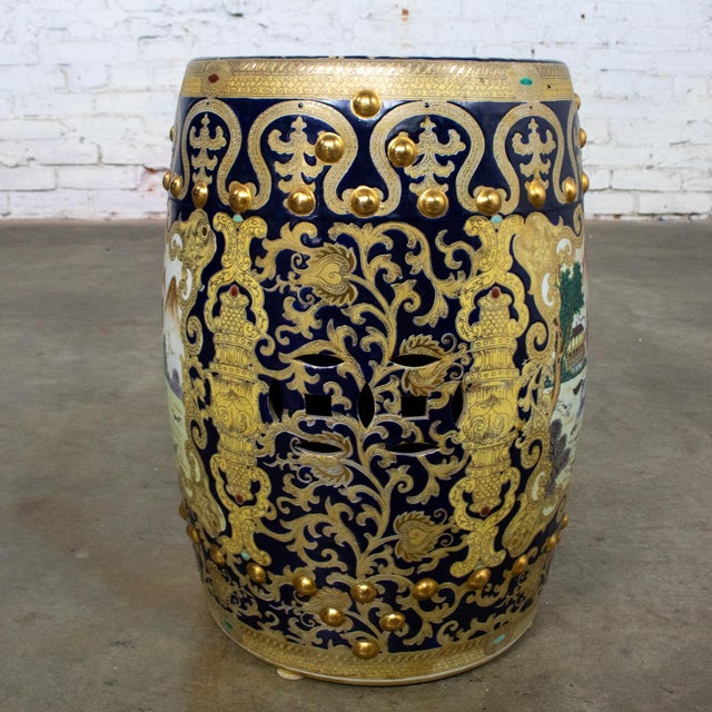 Chinoiserie 20th Century Chinoiserie Asian Garden Stool or Plant Stand Ornate Hand Painted Glazed Ceramic For Sale - Image 3 of 18