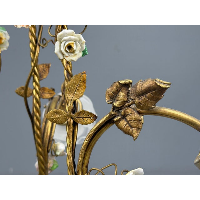 Metal Belle Epoque Style, Basket Chandelier, Bronze, Porcelain, 1940s For Sale - Image 7 of 14
