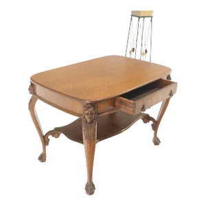 Art Nouveau Style Carved Faces Ball & Claw Feet Rounded Oak Desk Writing Table