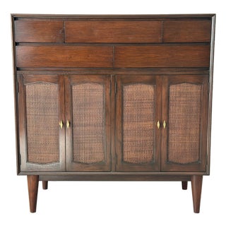 Vintage 1960s Mid-Century Modern Walnut Wood and Woven Rattan Highboy Chest Cabinet by R-Way For Sale