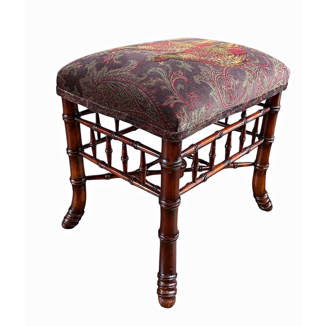 This is a vintage Victorian style faux bamboo stool attributed to Theodore Alexander newly upholstered in Ralph Lauren...