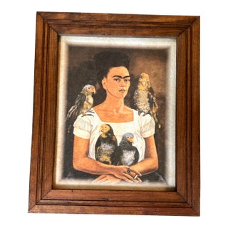 Vintage Original Frida Kahlo “Self Portrait With Parrots” Print on Pressed Paper For Sale