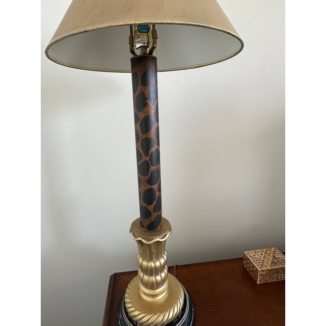 Vintage Transitional Ethan Allen Hand Painted Candlestick Table Lamps, a pair Hand painted Leopard , gold painted base,...