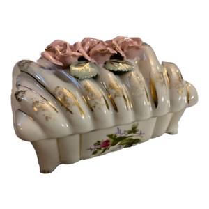 1960s Vintage Porcelain Frosted Flowers White Gilded Trinket Box