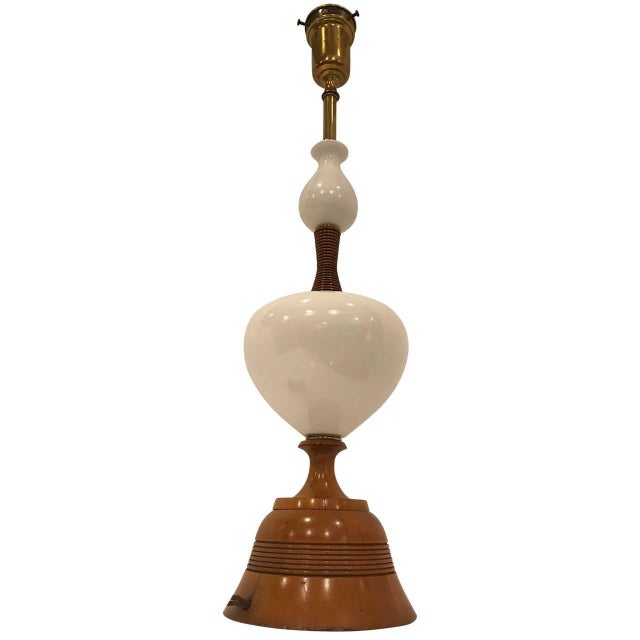 Mid 20th Century Vintage White Opaline and Wood Table Lamp For Sale - Image 5 of 8