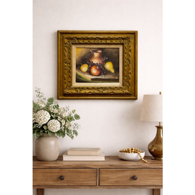 Vintage framed Still Life Oil Painting of Fruit with Pitcher. Framed in a gorgeous wooden frame. French, circa 1920. Size...