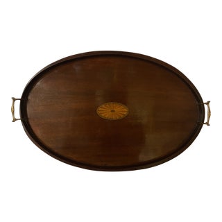 Antique English Inlaid Mahogany Gallery Tray With Brass Handles For Sale