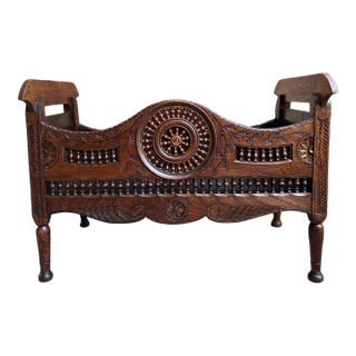 Antique French Carved Planter Breton Brittany Oak Doll Bed Fireside Box C1890 For Sale