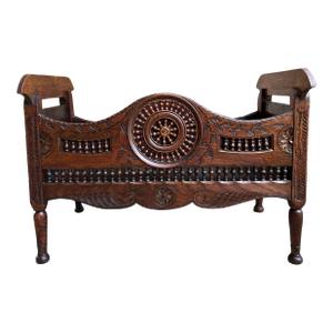 Antique French Carved Planter Breton Brittany Oak Doll Bed Fireside Box C1890
