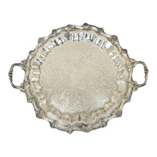 Mid 20th Century Victorian Ornate Silver Plated Twin Handle Scalloped Bar Serving Platter Tray For Sale