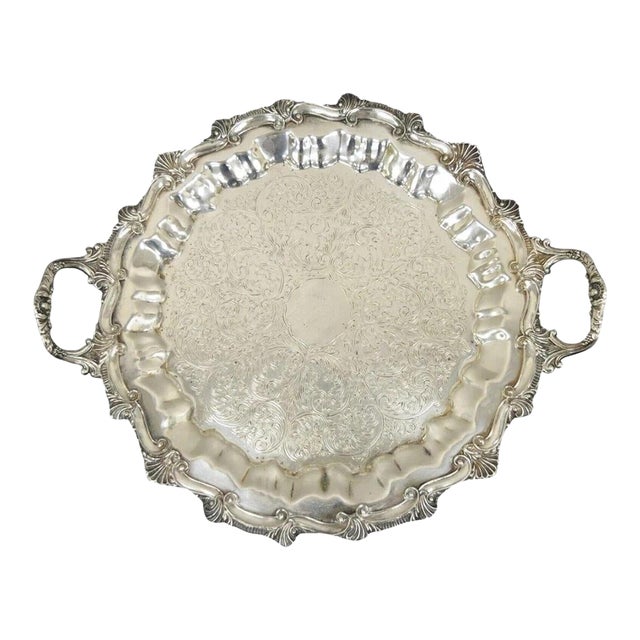 Mid 20th Century Victorian Ornate Silver Plated Twin Handle Scalloped Bar Serving Platter Tray For Sale