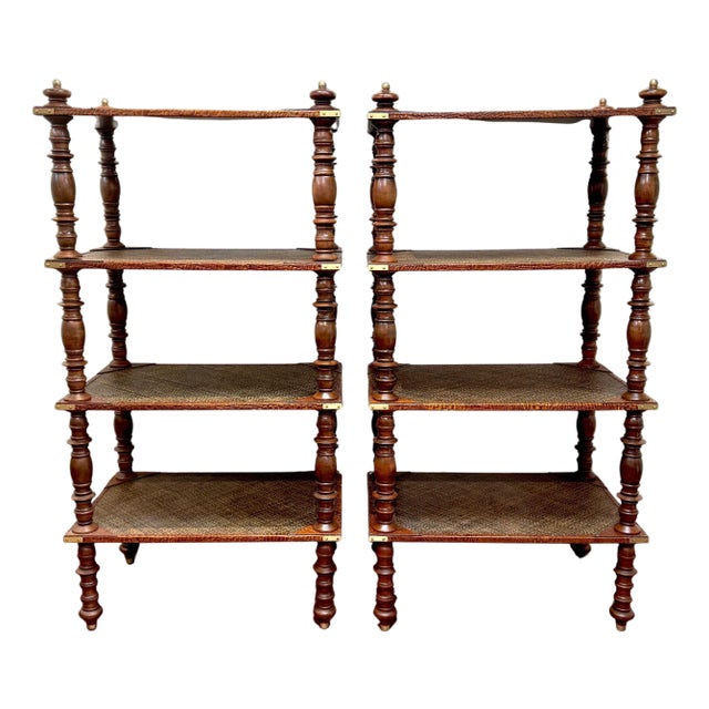 Pair of Four-Tier Anglo-Indian Leather, Brass & Rattan Étagères/ Shelves For Sale