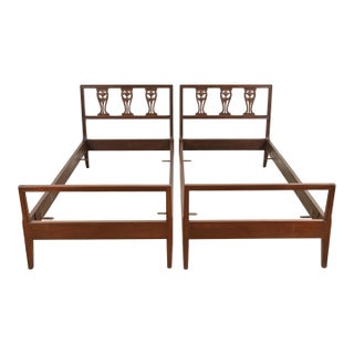 Baker Furniture Style Antique Italian Neoclassical Carved Walnut Twin Size Beds, Pair For Sale