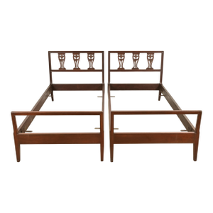 Baker Furniture Style Antique Italian Neoclassical Carved Walnut Twin Size Beds, Pair